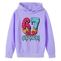 Close-up of boys' lavender hoodie featuring creative donut and ice cream number 67 print - 100cm / Lavender