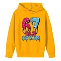 Bright yellow boys' hoodie featuring creative number 67 dessert style print - 100cm / Yellow