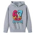 Detail of gray boys' hoodie featuring colorful ice cream melt 67 number print design - 100cm / Light Gray