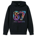 Boys' black hoodie with creative neon number 67 and cyberpunk circuit board print design - 100cm / Black
