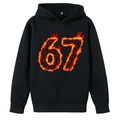 Boys casual black hoodie featuring a creative flaming number 67 graphic on the front - 100cm / Black