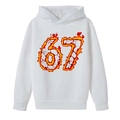 White boys' hoodie featuring creative flaming number 67 graphic print and ribbed cuffs - 100cm / White