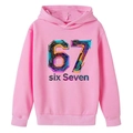 Pink boys' hoodie featuring a creative neon number 67 graphic print with ribbed hem - 100cm / Pink