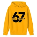 Bright yellow boys' hoodie with creative black 67 print and ribbed cuffs - 100cm / Yellow