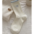 Calze bianche in cotone con bordo azzurro e ricamo Bébé Bonjour stile coreano - Blu Crema