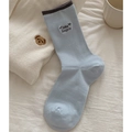 Light blue cotton mid-calf socks with brown ribbed cuffs and Bebe Bonjour embroidery - Light Blue
