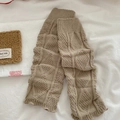 Camel cable knit leg warmers with ribbed cuffs and wavy edges for Y2K style fashion - Khaki
