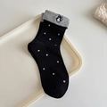 Cute black polka dot cotton socks with grey folded cuffs and bear embroidery details - One Size / Black