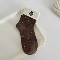 Cute dark brown cotton crew socks with white polka dots and embroidered bear fold-over cuff - One Size / Coffee