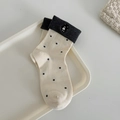Japanese style beige polka dot cotton socks with cute bear embroidery and grey ribbed cuffs - One Size / Beige Grey