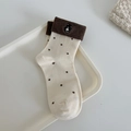 Cute beige mid-calf cotton socks with brown polka dots and a small bear embroidery - One Size / Beige Coffee