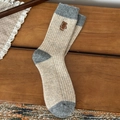 Winter wool knit socks in oatmeal and blue with cute vintage brown bear embroidery - One Size / Khaki Bear