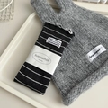 Classic black and white striped knit crew socks with ruffled edge and vintage brand tag - Dark Gray