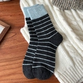 Thick wool socks in black and white stripes with light blue ribbed cuffs for winter - One Size / Gray Blue Stripes