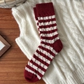 Winter wool mid-calf socks with red and white stripes and cable knit texture - Red Striped