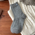 Thick wool blend mid-calf socks in dark grey with light blue stripes and button detail - One Size / Button Grey
