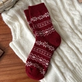 Winter wool socks in deep red with white Fair Isle snowflake patterns for festive warmth - Bright Red Snowflake