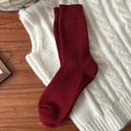 Winter wool knitted crew socks in deep red color with thick textured ribbing - Solid Red