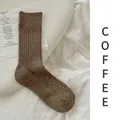 Vertical ribbed cotton socks for women in coffee brown mid-calf length style - One Size / Coffee