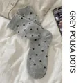 Light gray cotton blend crew socks with black polka dot pattern for women - Grey Polka Dot