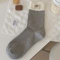 Gray mid-calf cotton socks with cream ribbed cuffs and a cute mouse logo patch - Light Gray