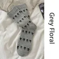 Grey mid-calf cotton socks with black floral pattern and ribbed cuffs for women - Grey Floral