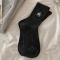 Schwarze gesprenkelte Crew-Socken mit süßer Hunde-Stickerei und Rippbündchen - Einheitsgröße / Dunkelgrau