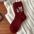 Calze festive in lana rossa con simpatico ricamo di cucciolo 3D per il caldo inverno - Taglia unica / Cucciolo Rosso