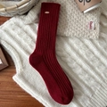 Dark red wool blend socks with thick rib knit texture and gold buckle detail - Loose Cuff with Gold Button