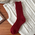 Winter wine red wool socks with classic cable knit pattern and ribbed cuffs for warmth - Fine Rib Cable Knit Style