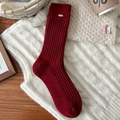 Dark red wool blend crew socks with vertical knit stripes and gold metal accent - Fine Rib with Gold Button