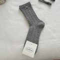Grey cable knit mid-calf socks with plaid bow and pearl accents for women - Light Grey Bow