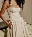 French vintage off-shoulder corset dress in cream white with pleated skirt and pockets - S / Milky White