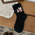 Black wool mid-calf socks with colorful speckles and cute cartoon dog embroidery - One Size (35-40) / Black (Colorful Speckled)