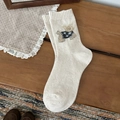Cream knit wool socks with cute embroidered terrier dog and soft textured finish - One Size / Beige