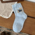 Cozy wool crew socks in light blue heather featuring cute embroidered cartoon dog detail - One Size / Blue