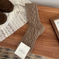 Dark khaki cable knit wool socks in a cozy mid-calf length for winter warmth - One Size / Khaki