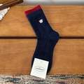 Dark blue mid-calf knit socks with red trim and cute yellow bear embroidery detail - Contrast Bear