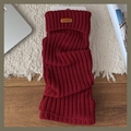 Burgundy ribbed knit leg warmers with vintage leather patch for winter outfit - One Size / Red