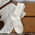 Creamy white wool crew socks with rib knitting and woven brand label for women - One Size / Rolled Edge Cream