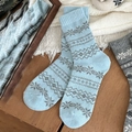 Thick light blue wool socks with vintage grey snowflake patterns for winter - One Size / Blue