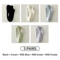 5-pack cotton low cut boat socks in macaron colors with hello lettering embroidery - Black + Cream + Milky Blue + Milky Green + Milky Purple (5 Pairs)