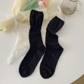 Ballet style black mid-calf socks with wavy knit texture and ruffled edges for women - Black
