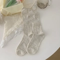 Light gray knit mid-calf ballet style socks with twist pattern and ruffled cuffs - Grey-Beige