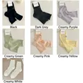 Pastel mesh knit crew socks with embroidered patterns and wavy cuffs in seven colors - One Size / 1 Pair - Custom Color (Note Item No.)