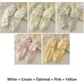 Set of 5 pairs of women's ribbed socks with silk bows in cream and pastel colors - 5 Pairs / 5 Pairs (White+Cream+Rice Grey+Pink+Yellow)