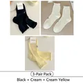 Sweet mesh knit crew socks for women in black, cream and yellow with lace trim - One Size / 3 Pairs (Black + Milk White + Milk Yellow)