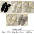 5-pack women's rib-knit ankle socks with satin bows in black white cream and grey - 5 Pairs / 5 Pairs (Black+White+Rice Grey+Cream+Light Grey)