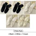 Set of 5 sweet bow-knot socks in black, white, and cream Japanese style knit fabric - 5 Pairs / 5 Pairs (Black x2+White x2+Cream)