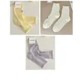 Three pairs of pastel mesh crew socks with ruffle cuffs and cute embroidery detail - One Size / 3 Pairs (Milk Yellow + Milk White + Milk Purple)